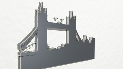 LONDON BRIDGE from a perspective on the wall. A thick sculpture made of metallic materials of 3D rendering. editorial and england