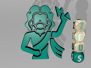 3D graphical image of zeus vertically along with text built around the icon by metallic cubic letters from the top perspective. excellent for the concept presentation and slideshows. temple and