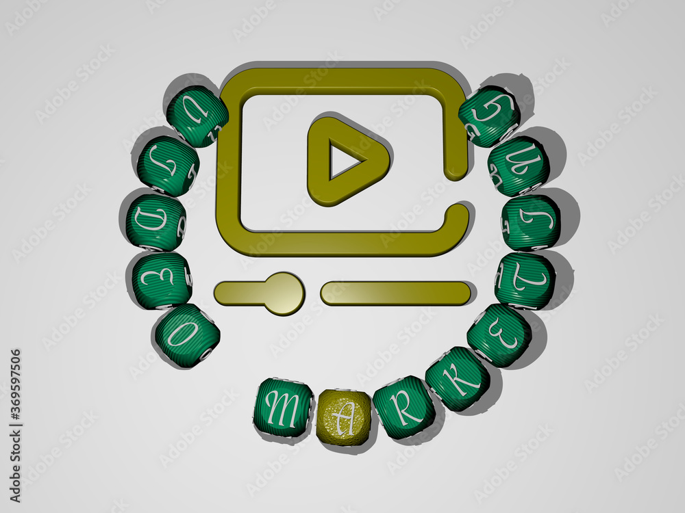 Fototapete 3d illustration of video marketing graphics and text around the icon made by metallic dice letters f