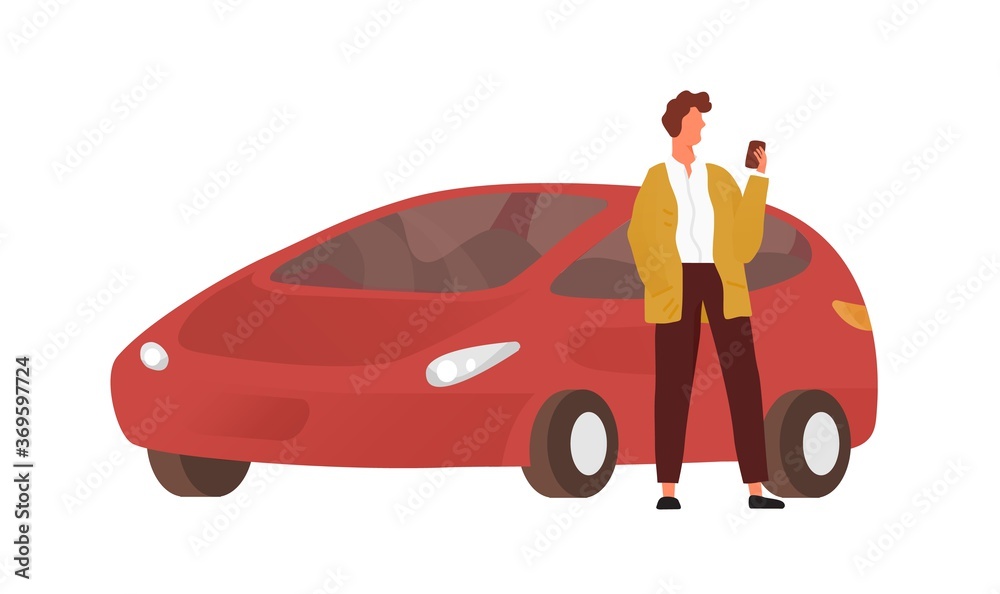 Aufkleber modern guy use smartphone standing near red car vector flat illustration. male character chatting on