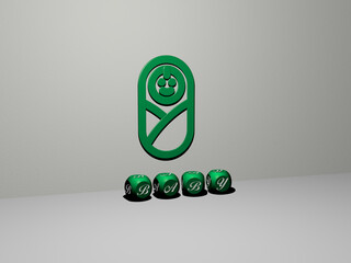 3D representation of baby with icon on the wall and text arranged by metallic cubic letters on a mirror floor for concept meaning and slideshow presentation. cute and child