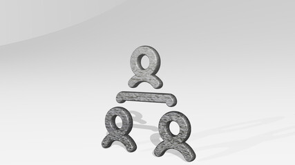 multiple users made by 3D illustration of a shiny metallic sculpture casting shadow on light background. abstract and blue