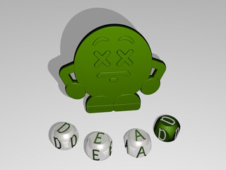 3D illustration of DEAD graphics and text around the icon made by metallic dice letters for the related meanings of the concept and presentations. background and death