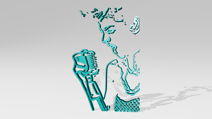 singer made by 3D illustration of a shiny metallic sculpture with the shadow on light background. concert and music