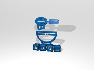 3D representation of BOWL with icon on the wall and text arranged by metallic cubic letters on a mirror floor for concept meaning and slideshow presentation. background and food