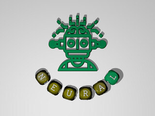 3D illustration of NEURAL graphics and text around the icon made by metallic dice letters for the related meanings of the concept and presentations. network and background