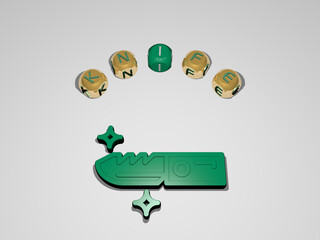 3D graphical image of knife vertically along with text built around the icon by metallic cubic letters from the top perspective, excellent for the concept presentation and slideshows. background