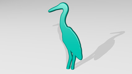 STORK stand with shadow. 3D illustration of metallic sculpture over a white background with mild texture. bird and animal