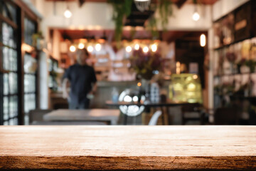 Cafe Bistro with Empty wood table for product display montage.