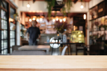 Cafe Bistro with Empty wood table for product display montage.
