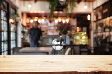 Cafe Bistro with Empty wood table for product display montage.