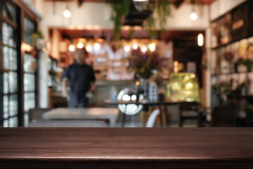 Cafe Bistro with Empty wood table for product display montage.
