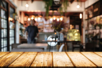Cafe Bistro with Empty wood table for product display montage.