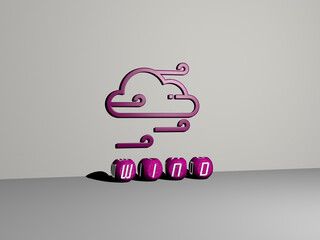 3D representation of WIND with icon on the wall and text arranged by metallic cubic letters on a mirror floor for concept meaning and slideshow presentation. illustration and background