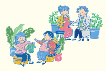 Vector illustration of pregnant woman chatting with female friend while sitting in living room, pregnant woman with obstetrician