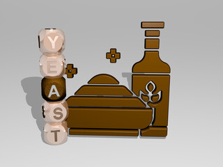 3D graphical image of YEAST vertically along with text built around the icon by metallic cubic letters from the top perspective. excellent for the concept presentation and slideshows. bread and
