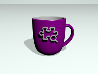 3D illustration of PUZZLE icon embossed on a coffee cup over a white background having shadows.. concept and business