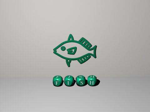 3D illustration of fish graphics and text made by metallic dice letters for the related meanings of the concept and presentations. background and animal