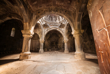 Interior of Sanahin Armenian Monastery of the Armenian Apostolic Church with columns and arches
