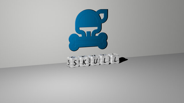 3D illustration of skull graphics and text made by metallic dice letters for the related meanings of the concept and presentations. background and black