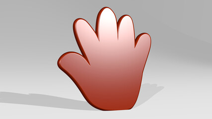 PALM OF HAND from a perspective with the shadow. A thick sculpture made of metallic materials of 3D rendering. background and illustration