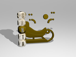 3D representation of SANTA with icon on the wall and text arranged by metallic cubic letters on a mirror floor for concept meaning and slideshow presentation. christmas and claus