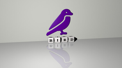 3D graphical image of bird vertically along with text built by metallic cubic letters from the top perspective, excellent for the concept presentation and slideshows. animal and illustration