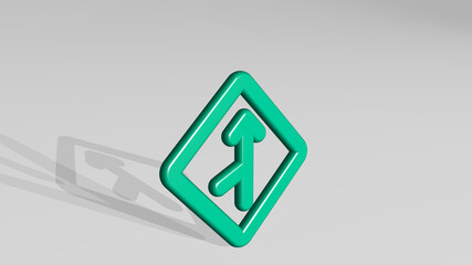 ROAD SIGN SIDE ROAD LEFT stand with shadow. 3D illustration of metallic sculpture over a white background with mild texture. city and car