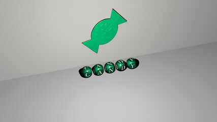 3D representation of CANDY with icon on the wall and text arranged by metallic cubic letters on a mirror floor for concept meaning and slideshow presentation. background and illustration