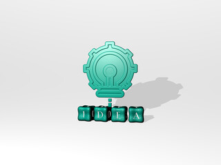 3D graphical image of IDEA vertically along with text built by metallic cubic letters from the top perspective, excellent for the concept presentation and slideshows. illustration and background