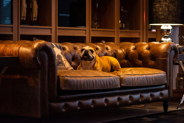 Bulldog dog on a brown leather couch at a