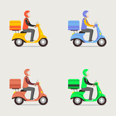 set delivery people with bike. different colors scooter bike. EPS 10