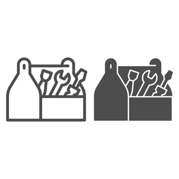 Tool box line and solid icon, house repair concept, Wooden toolbox sign on white background, toolbox with tools icon in outline style for mobile concept and web design. Vector graphics.