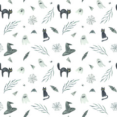 Watercolor magic Halloween pattern.
The funny design is perfect for wrapping, fabric, postcards.