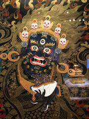 Wall painting of Dharmapala - Tibetan Buddhism wrathful protector deity. Hemis gompa (monastery)