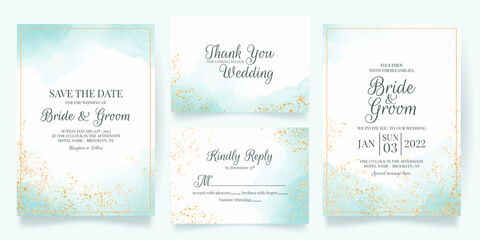 Fototapeta premium Watercolor creamy wedding invitation card template set with golden floral decoration 