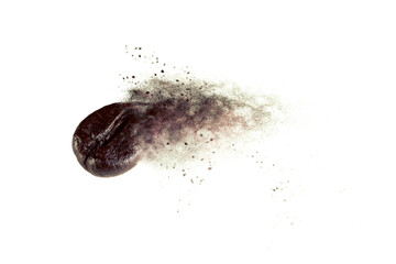 Coffee beans break into powder close-up isolated on white background