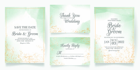 Fototapeta na wymiar Watercolor creamy wedding invitation card template set with golden floral decoration 