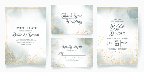 Watercolor creamy wedding invitation card template set with golden floral decoration 