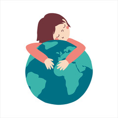 Cute Child hugs a globe. Flat Postcard for the Earth day. Childish vector Illustration with save the planet meaning. Perfect for print, cards, posters, booklet, design
