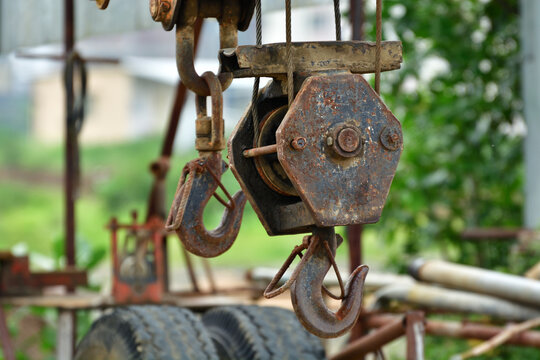 Close-up of crane hook in constraction sait