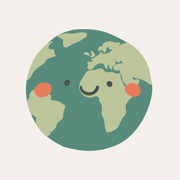 A hand drawn flat globe with face. Postcard for the Earth day. Vector clidish Illustration of the world. Save the planet. Perfect for print, cards, posters, booklet, design