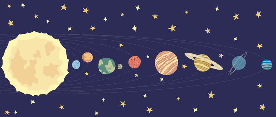 Vector hand drawn illustrations of the planets of the Solar System in flat style. Cartoon childish The Solar System. Cute, adorable the sun, earth,mercury,venus,saturn, neptune, mars, jupiter, uranus © Annetc