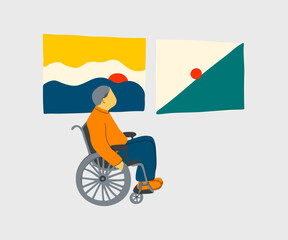Vector Museum of contemoarary art in flat cartoon style. Exhibition visitors viewing modern abstract paintings. Woman, couples, man with disability looking creative artworks or exhibits art gallery.