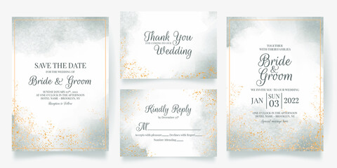 Fototapeta na wymiar Watercolor creamy wedding invitation card template set with golden floral decoration 