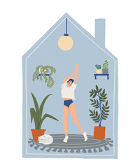 Concept of Stay home, stay happy and enjoying life. Vector illustration of woman that dancing, doing exercise, listen to music in social distancing period during quarantine. Cute modern house interior