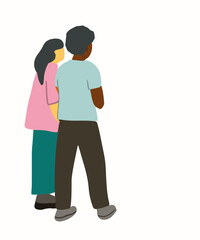 Man and woman standing together and look or choose on something. Couple of different races have a discussion. White race female and african american male talk to each other. Flat Vector illustration