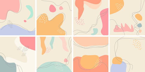 Set of eight abstract backgrounds. Hand drawn various shapes and doodle objects. Contemporary modern trendy vector illustrations. Every background is isolated. Pastel colors