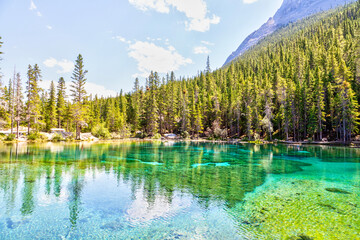 Emerald-Colored Grassi Lakes in the Kananaskis Country of Canmore, Alberta, Canada