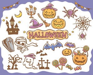 ハロウィンのかわいいイラスト素材セット。 ベクターイラスト。